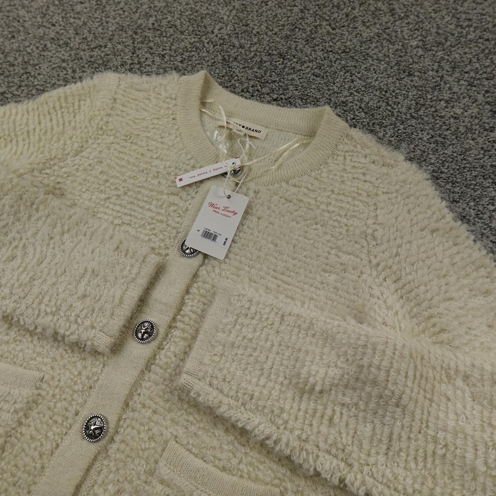 NEW Lucky Brand Cardigan Womens S White Cream Boucle Knit Button Sweater Jacket